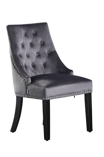 Life Interiors Single Velvet Dining Chair Ergonomic Scoop Knockerback & Button Tufted Wood Legs in Dark Grey - image 1