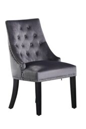 Life Interiors Single Velvet Dining Chair Ergonomic Scoop Knockerback & Button Tufted Wood Legs in Dark Grey