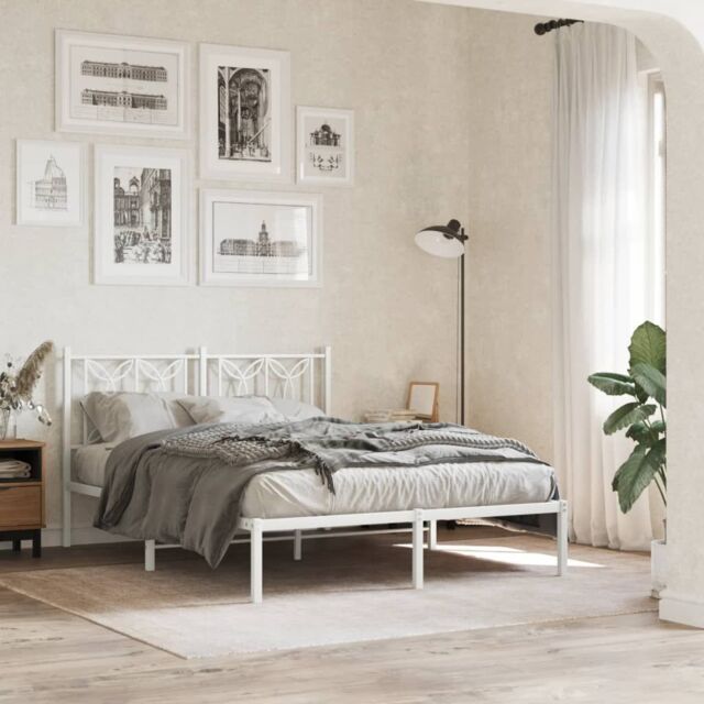 Berkfield Home Metal Bed Frame without Mattress with Headboard White 135x190cm - Size: 135x190 cm - image 1