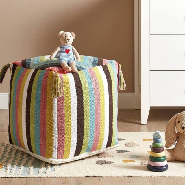 Wyld and Coco Handwoven Cotton Pouffe Multicolour Geometric Pattern Tassels - image 1