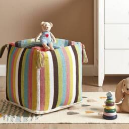 Wyld and Coco Handwoven Cotton Pouffe Multicolour Geometric Pattern Tassels - thumbnail 1