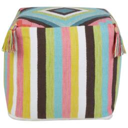 Wyld and Coco Handwoven Cotton Pouffe Multicolour Geometric Pattern Tassels - thumbnail 3