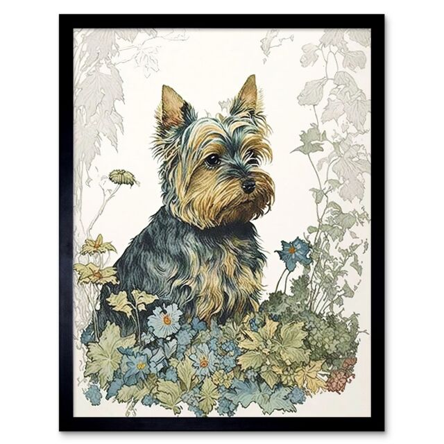 "Artery8 Wall Art Print Yorkshire Terrier Dog in Wildflowers Watercolour Art Framed in Black - Size: W12"" x H16""" - image 1