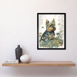 "Artery8 Wall Art Print Yorkshire Terrier Dog in Wildflowers Watercolour Art Framed in Black - Size: W12"" x H16""" - thumbnail 2