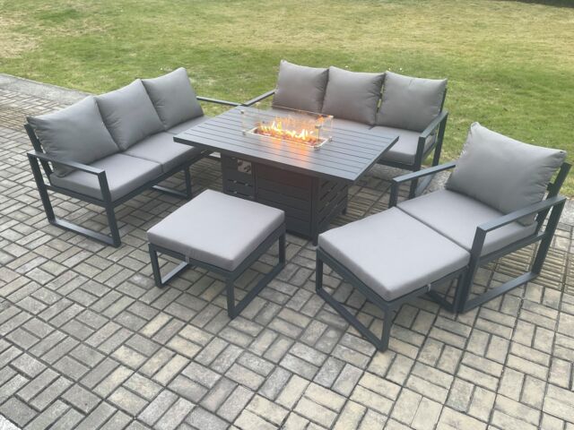 Fimous Aluminium 6 Pieces Garden Furniture Sofa Set with Cushions 9 Seater Gas Fire Pit Dining Table Set with 2 Big Footstools in Dark Grey - image 1