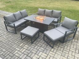 Fimous Aluminium 6 Pieces Garden Furniture Sofa Set with Cushions 9 Seater Gas Fire Pit Dining Table Set with 2 Big Footstools in Dark Grey - thumbnail 2
