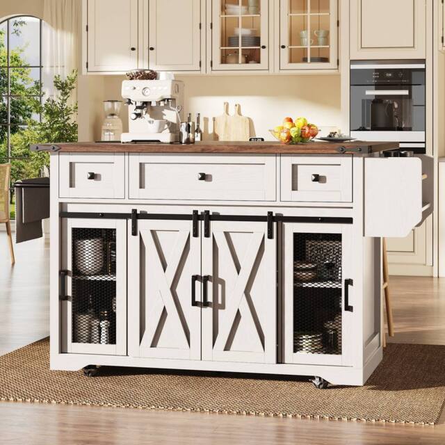 Merax Mobile Kitchen Island Trolley with Drop Leaf Worktop & Storage in White - image 1