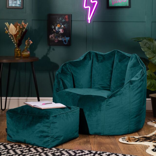 icon Sirena Scallop Chair Bean Bag & Footstool Pink Velvet Bean Bags in Teal - image 1