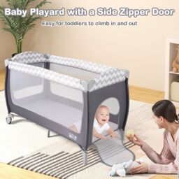 Costway 4 in 1 Infant Nursery Center Folding Baby Playard w/ Toy Bar in Grey - thumbnail 9