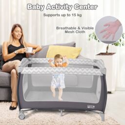 Costway 4 in 1 Infant Nursery Center Folding Baby Playard w/ Toy Bar in Grey - thumbnail 6