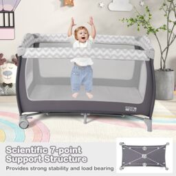 Costway 4 in 1 Infant Nursery Center Folding Baby Playard w/ Toy Bar in Grey - thumbnail 5