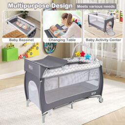 Costway 4 in 1 Infant Nursery Center Folding Baby Playard w/ Toy Bar in Grey - thumbnail 8