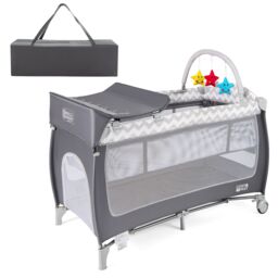 Costway 4 in 1 Infant Nursery Center Folding Baby Playard w/ Toy Bar in Grey - thumbnail 4