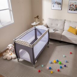Costway 4 in 1 Infant Nursery Center Folding Baby Playard w/ Toy Bar in Grey - thumbnail 1