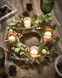 Dibor Set of 2 Eucalyptus & Cinnamon Round Centrepiece Christmas Decoration Tealight Holder Candle Holders 30cm in Green - Size: 2 Pack - thumbnail 1