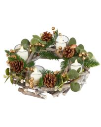 Dibor Set of 2 Eucalyptus & Cinnamon Round Centrepiece Christmas Decoration Tealight Holder Candle Holders 30cm in Green - Size: 2 Pack - thumbnail 2