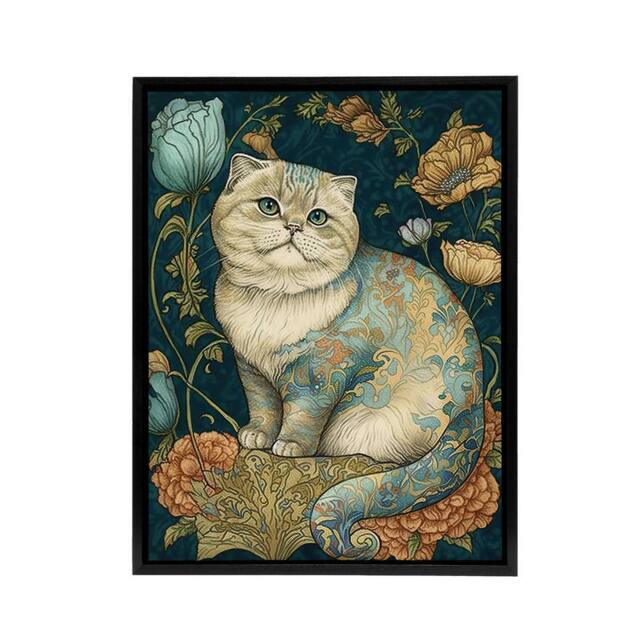 "Artery8 Cute Cat With Floral Pattern Fur Framed Canvas Wall Art Print - Size: W18"" x H24""" - image 1