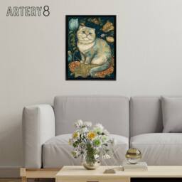 "Artery8 Cute Cat With Floral Pattern Fur Framed Canvas Wall Art Print - Size: W18"" x H24""" - thumbnail 3