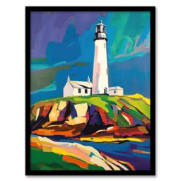 "Artery8 St Mary's Lighthouse Northen Lights Sky Colourful Framed Art Print - Size: W12"" x H16""" - thumbnail 1
