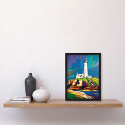 "Artery8 St Mary's Lighthouse Northen Lights Sky Colourful Framed Art Print - Size: W12"" x H16""" - thumbnail 4