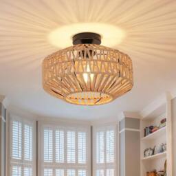 Goeco Rattan Pendant Ceiling Light, Vintage Style Ceiling Light, E27 in Brown - Size: 12 inches