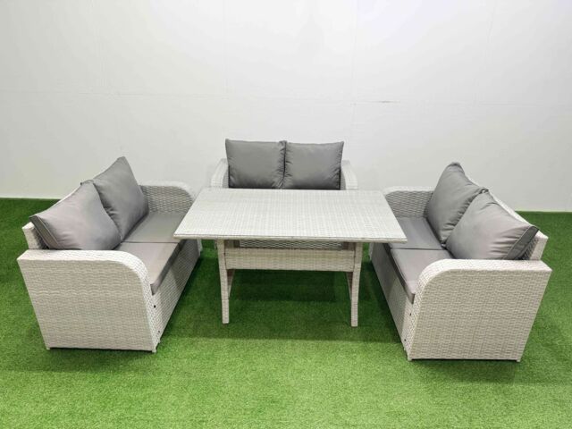 Fimous 6 Seater PE Wicker Rattan Furniture Sofa Sets with Rectangular Dining Table 2 Seater Love Sofa Light Grey - image 1