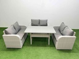 Fimous 6 Seater PE Wicker Rattan Furniture Sofa Sets with Rectangular Dining Table 2 Seater Love Sofa Light Grey - thumbnail 2