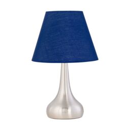 First Choice Lighting Romana - Brushed Chrome Touch Operated Table Lamp with Navy Blue Shade in Silver