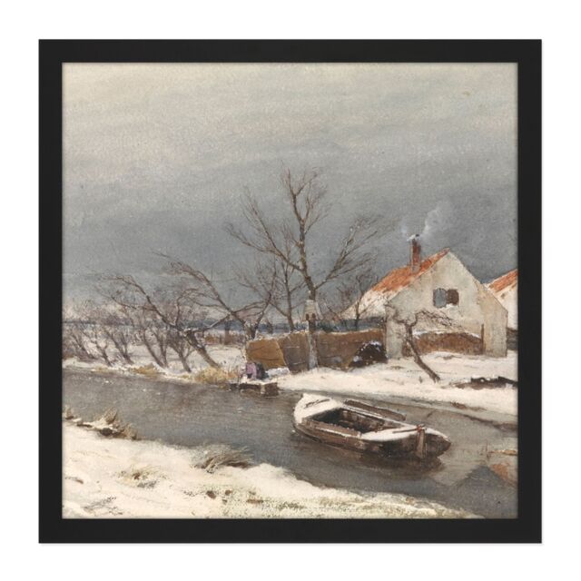 "Artery8 Wall Art Print Louis Apol Winter Landscape Houses Canal Painting Square Framed Picture 16X16 Inch in Black - Size: W16"" x H16""" - image 1