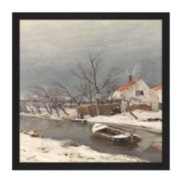 "Artery8 Wall Art Print Louis Apol Winter Landscape Houses Canal Painting Square Framed Picture 16X16 Inch in Black - Size: W16"" x H16""" - thumbnail 1
