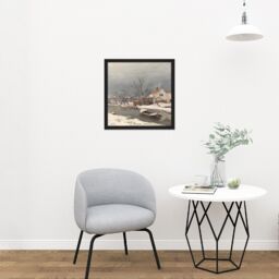 "Artery8 Wall Art Print Louis Apol Winter Landscape Houses Canal Painting Square Framed Picture 16X16 Inch in Black - Size: W16"" x H16""" - thumbnail 2