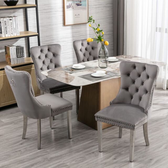 HomeTouch Selma Set of 4 Luxury Velvet Kitchen Dining Chairs with Silver Steel Legs in Grey - Size: 4 Pack - image 1