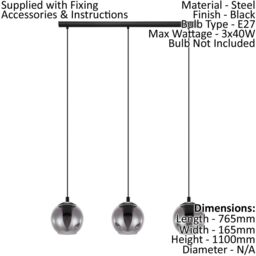 Loops Pendant Light Colour Black Shade Black Transparent Glass Vaporized E27 3x40W - thumbnail 2