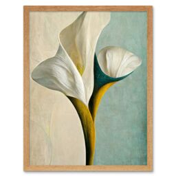 "Artery8 Wall Art Print Cala Lily Lilies Flower Abstract Minimalist Painting Duck Egg Cream Mustard Art Framed in Light Oak - Size: W12"" x H16""" - thumbnail 1