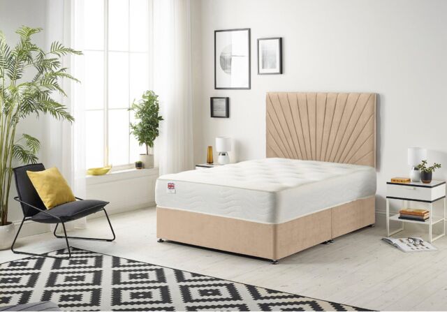 Somnior Platinum Ortho Sprung Memory Foam Mattress with Divan Bed with Headboard Plush Fabric in Beige - Size: Small Single - image 1