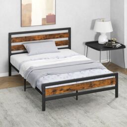 Costway Metal Bed Frame Double Bed Industrial Platform Bed with Headboard & Footboard in Black - thumbnail 3