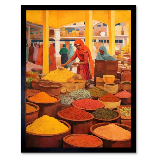 "Artery8 Wall Art Print The Spice Market Asian Herbs & Spices Colourful Kitchen Artwork Art Framed in Black - Size: W12"" x H16""" - image 1