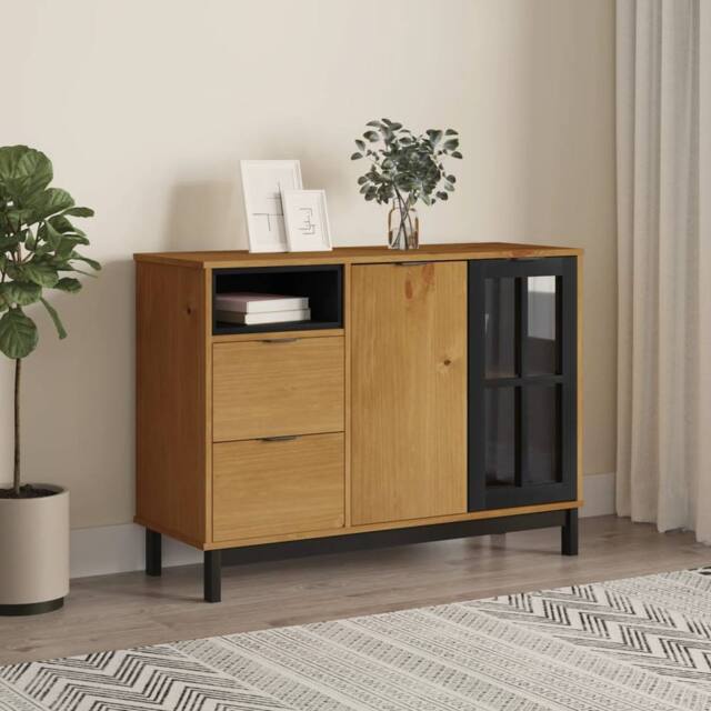 Berkfield Home Sideboard with Glass Door FLAM 110x40x80 cm Solid Wood Pine in Brown - Size: 110 x 40 x 80 cm - image 1
