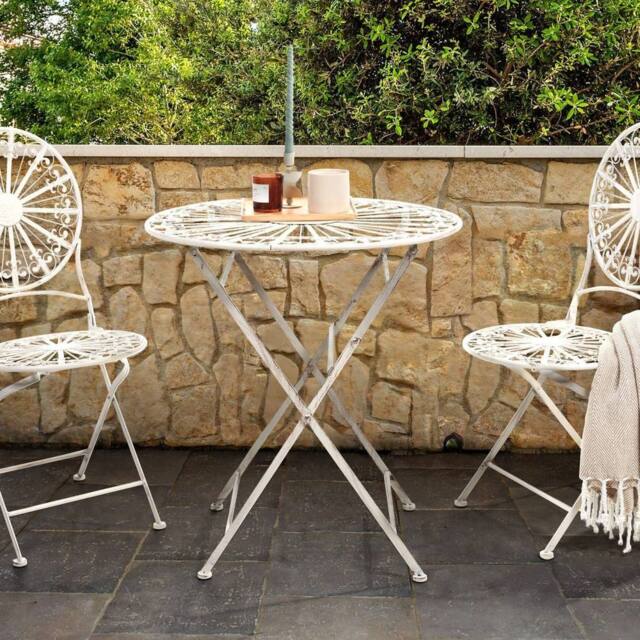 Wyld and Coco White Iron Foldable Bistro Set - Round Table and 2 Chairs - image 1