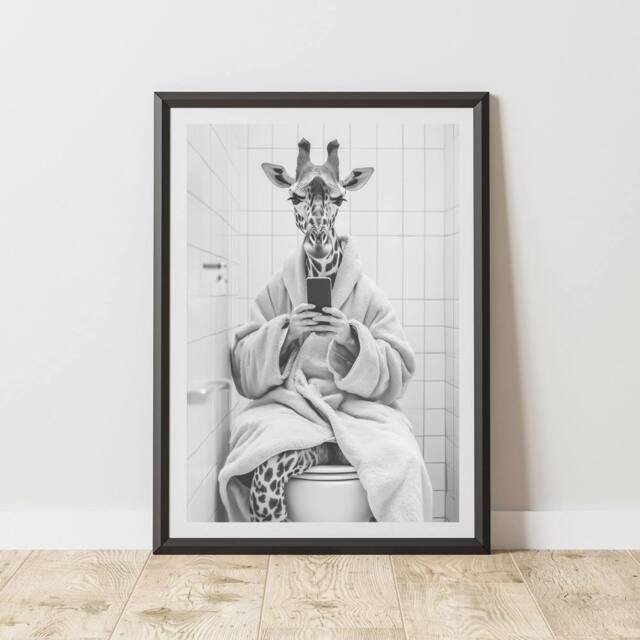 60 SECOND MAKEOVER Giraffe On Toilet Phone Quirky Animal Print - Size: A4 - image 1