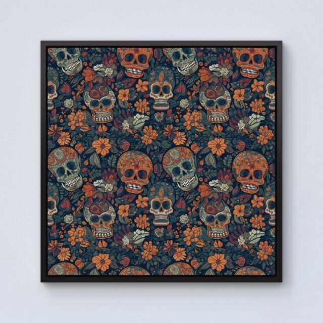 "Warren Reed - Designer Dia De Los Muertos Skulls Framed Canvas in Black - Size: W30"" x H30""" - image 1