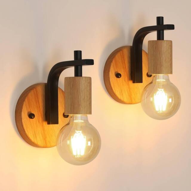 Pheashine Stylish Wall Light 2-Pack E27 Wood & Metal Sconce With Light Bulb in Brown - image 1
