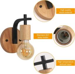 Pheashine Stylish Wall Light 2-Pack E27 Wood & Metal Sconce With Light Bulb in Brown - thumbnail 5