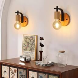 Pheashine Stylish Wall Light 2-Pack E27 Wood & Metal Sconce With Light Bulb in Brown - thumbnail 3