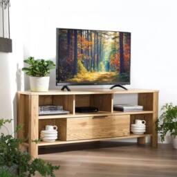 CALICOSY Corner TV Unit With 1 Drawer, Oak Finish - W120 Cm in Light Brown - thumbnail 2