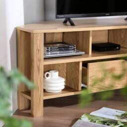 CALICOSY Corner TV Unit With 1 Drawer, Oak Finish - W120 Cm in Light Brown - thumbnail 7