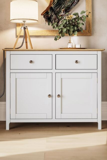 FWStyle 2 Door 2 Drawer Oak Sideboard Ready Assembled Cream Linen - image 1