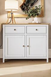 FWStyle 2 Door 2 Drawer Oak Sideboard Ready Assembled Cream Linen - thumbnail 1