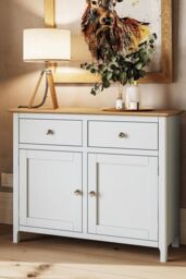 FWStyle 2 Door 2 Drawer Oak Sideboard Ready Assembled Cream Linen - thumbnail 2
