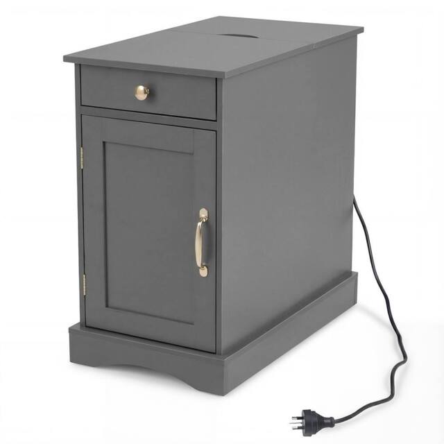 Costway Wooden End Table w/ Charging Station Nightstand Side Table w/Drawer in Grey - image 1